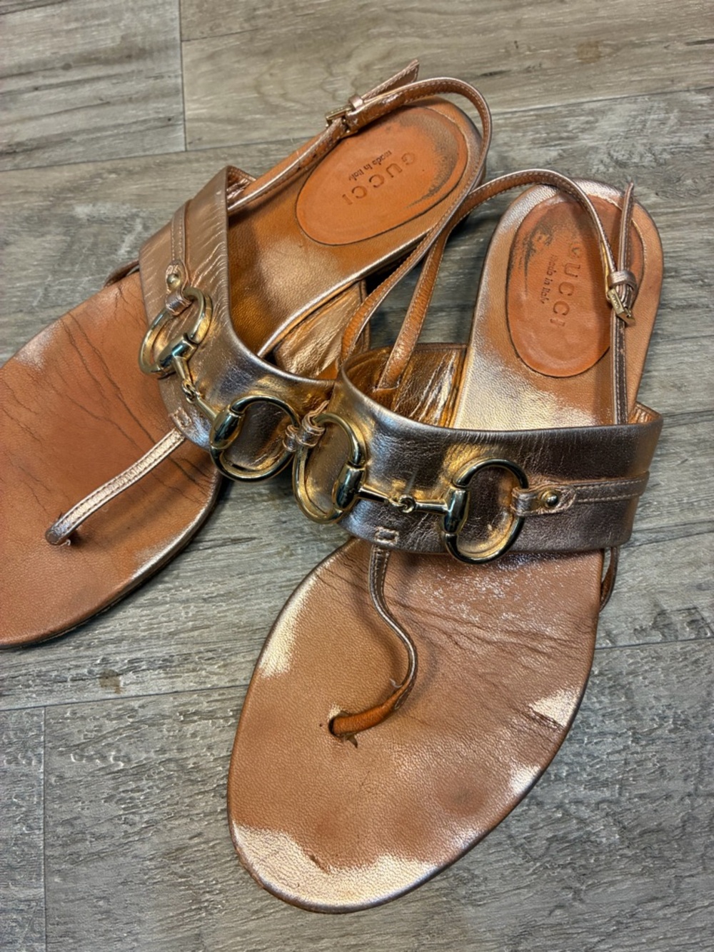 Gucci Italy Horsebit Thong Slingback Rose Gold Sandals - Picture 6 of 15